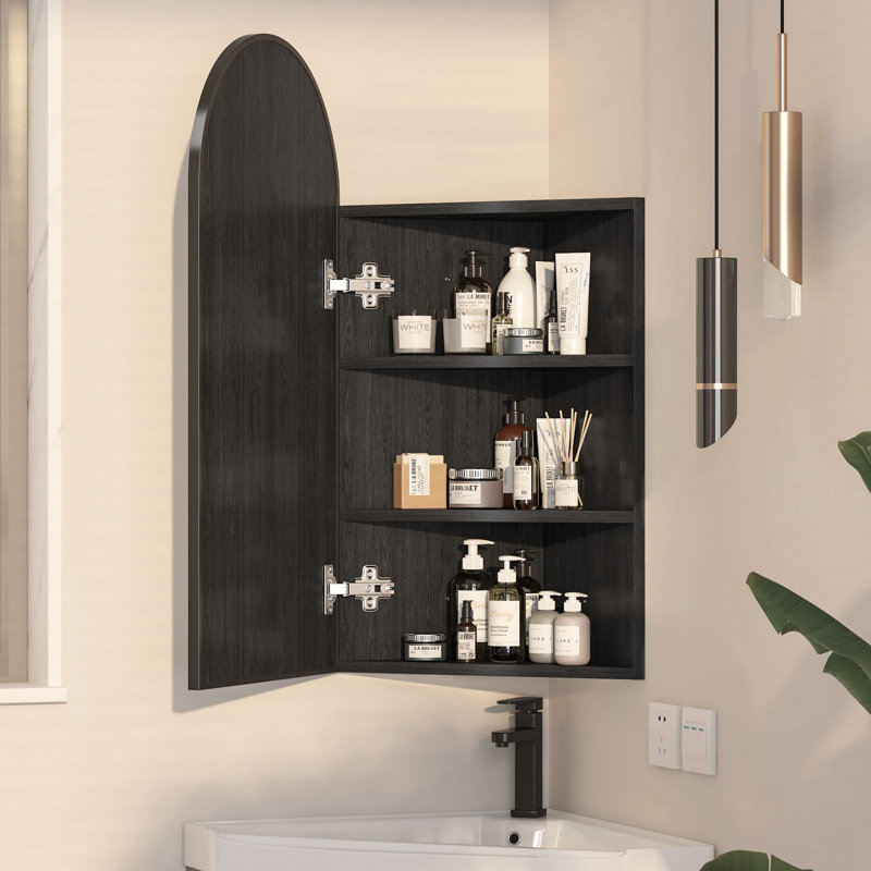 42x80cm Corner Arched Bathroom Mirror Cabinet with 3-Tier Shelves, Black