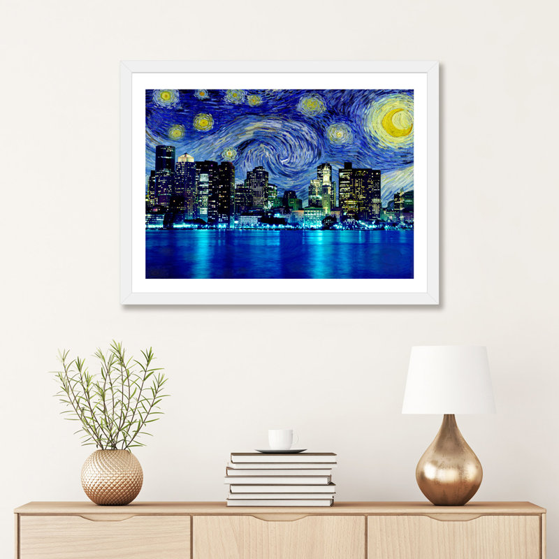 Boston, Massachusetts, nuit étoilée, impression d'art graphique, H 24 po x l 32 po x P 1 po, Papier encadré blanc
