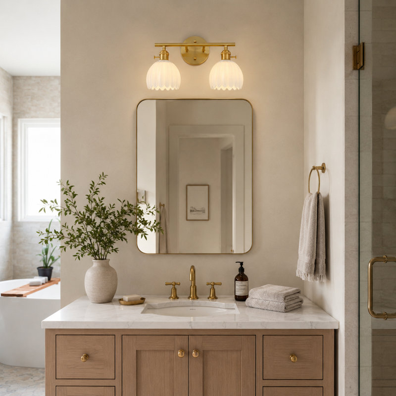 Éclairage de meuble-lavabo à intensité variable 2 lumières avec abat-jour en verre tulipe floral, White Glass, Or brossé