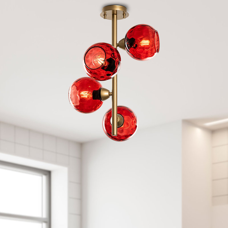 Elegant Red and Gold Chandelier, Metal Body, 15 x 15 x 21.7 inches | Cap Diameter: 5.9 inches, Base Plate: 4 x 0.8 inches | 4 x E27 Max 40W (Bulb Not Included) | Stylish Lighting Fixture for Dining Room & Living Spaces