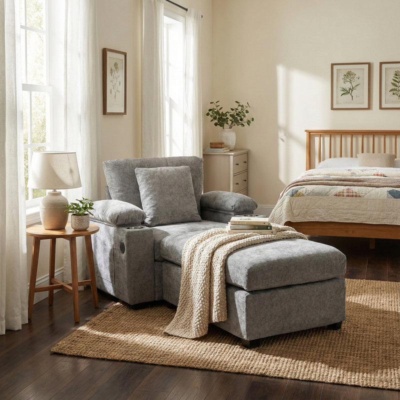 Modern Oversized Chair with Ottoman,Chenille Fabric Sofa Bed,Accent Chair Comfy Sofa with Cupholders and USB Charging Ports Chair for Living Room,Bedroom,Apartment