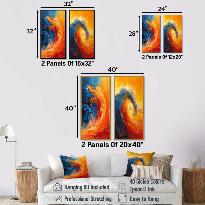 Ensemble de 2 pièces d'art mural orange et bleu abstrait - vagues côtières, H 40 po x l 40 po, Impression encadrée, Érable