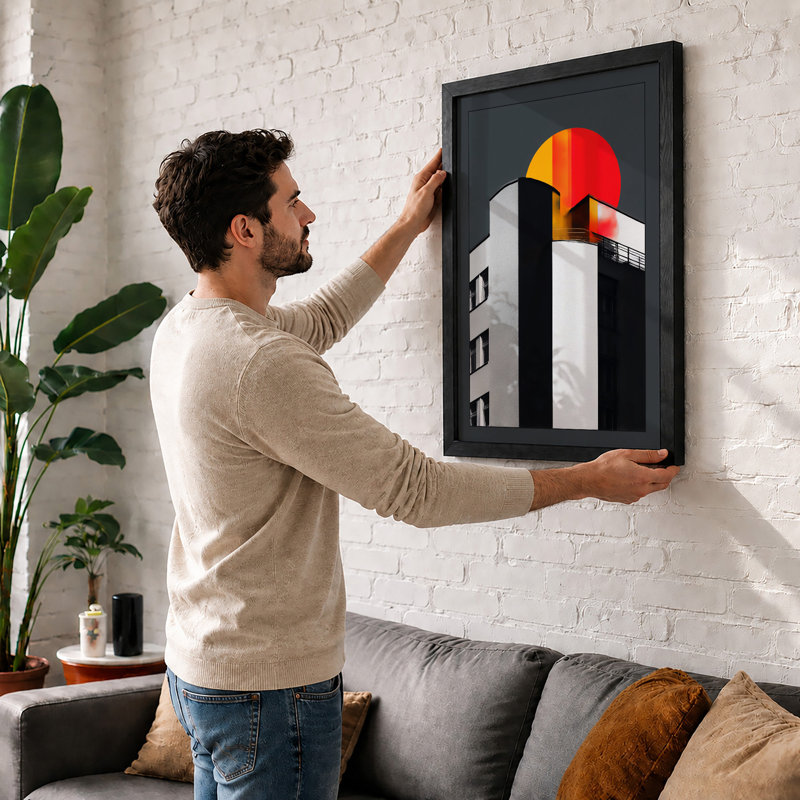 Modernist Building And Sun Geometric - Print, A2 - 59.4 x 42.0 cm, Black