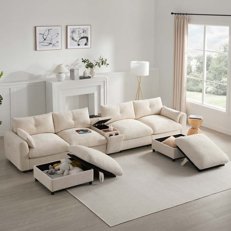 Canapé modulaire de 142 po avec repose-pieds et console mobile, porte-gobelet, siège large, canapé en U 6 places, canapé surdimensionné en chenille avec chargeur USB