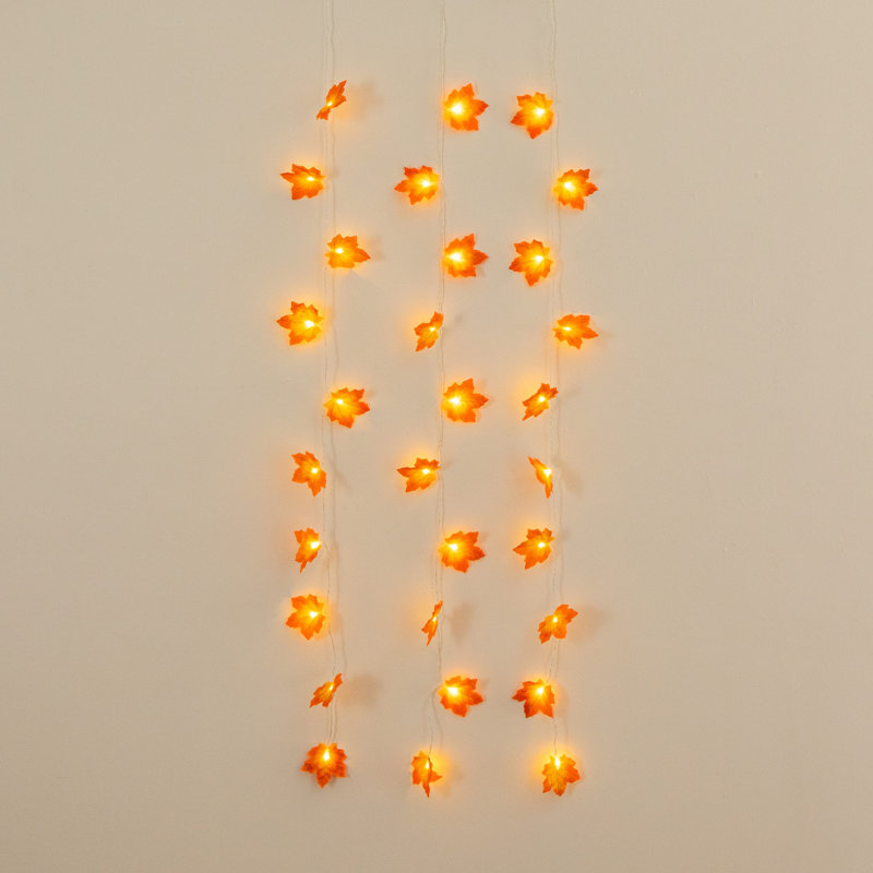 5Ft. Pre-Lit Autumn Maple Leaf Artificial Fall Garland With 10 Warm White LED String Lights - Set Of 3