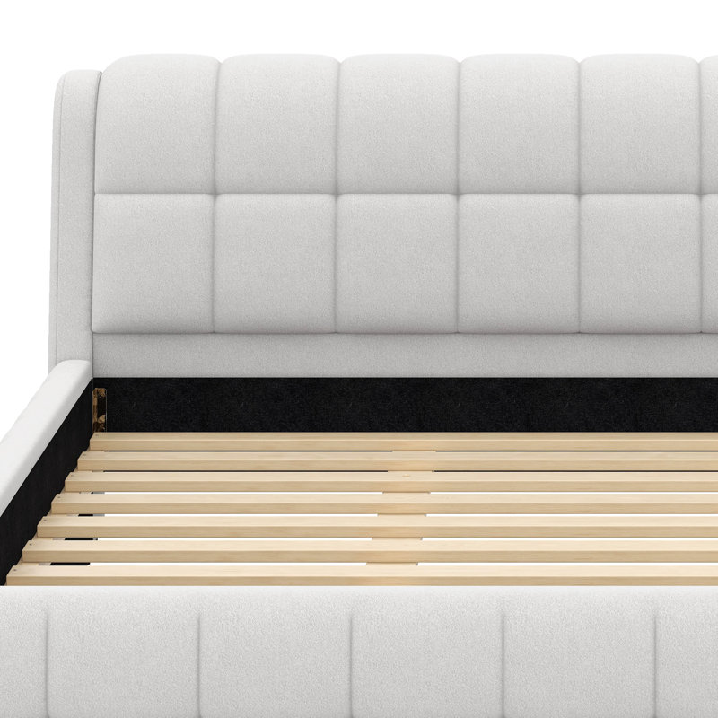 Très grand lit plateforme tapissier, support à lattes en bois, aucun sommier requis, assemblage facile, Blanc