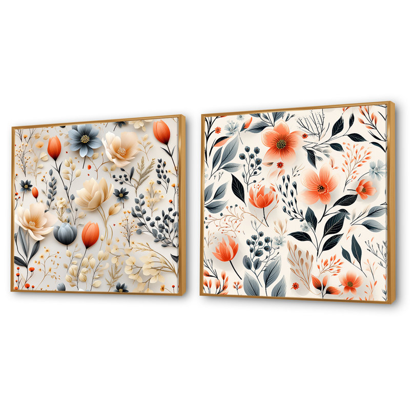 Sudbury - Ensemble de 2 collages carrés floral et botanique, Cadre flottant doré, H 36 po x l 73 po