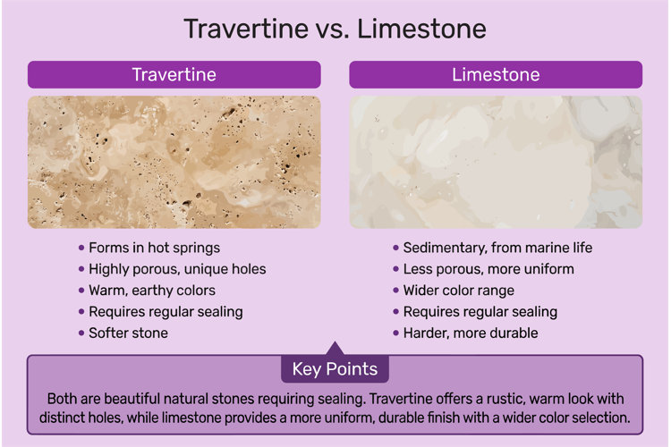Travertine vs limestone infographic comparing porous travertine with warm tones to denser limestone with a more uniform appearance and durability