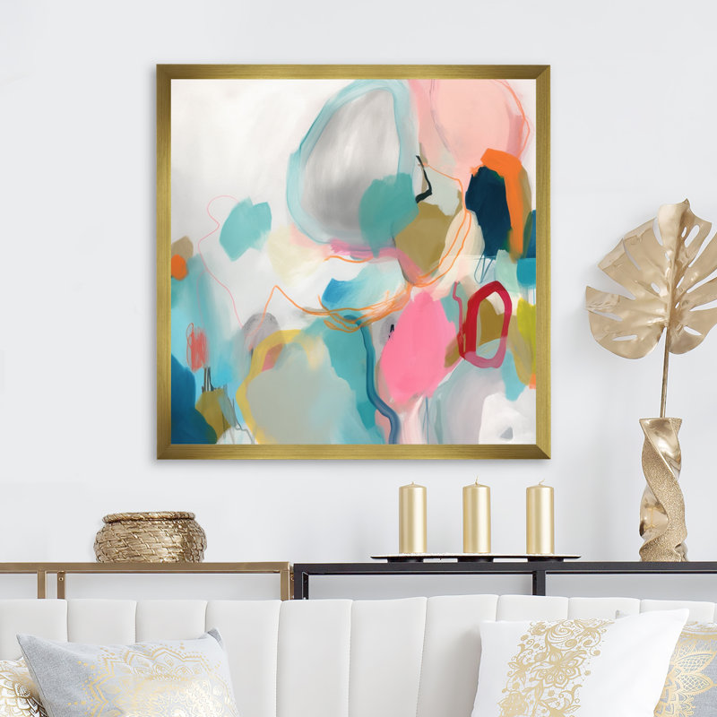 «Pink Blue Minimalims Fludity II», art minimaliste abstrait sur toile, Encadrement doré, H 30 po x l 30 po x P 1 po