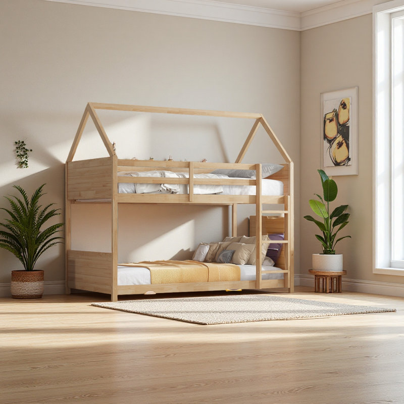 Twin Over Twin House Floor Bunk Bed With Headboards, Footboards And Guardrails, Ladder, Rubber Wood Bunk Bed With Safety Guardrails