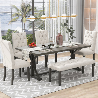 Six-Piece Farmhouse Dining Table Set With Solid Wood Table, Four Upholstered Chairs And A Bench For Family Gatherings And Intimate Dinners