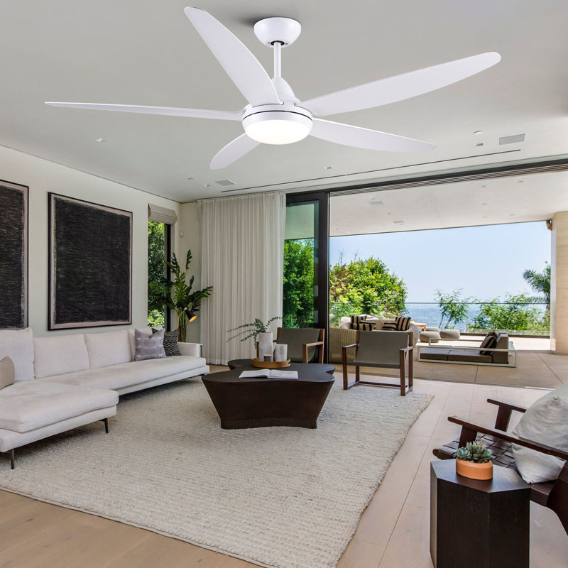Modern 48''/56'' 5-Blade LED Standard Indoor Ceiling Fan with Remote Control and Light Kit Included, White with White Blades