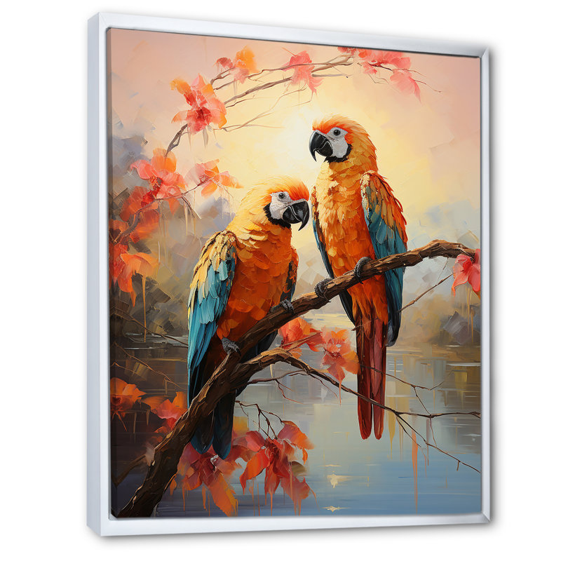 Perroquets coucher de soleil sérénade sur toile, Cadre flottant blanc, H 32 po x l 24 po x P 1 po