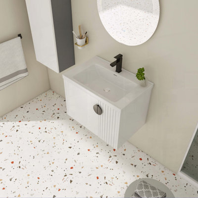 28 Inch Wall-Mounted Bathroom Vanity with Ceramic Sink and Soft-Close Door