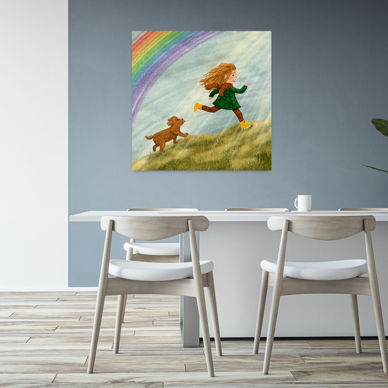 «Joyful Run Under Rainbow Playful Abstract Contemporary Dog Autumn Landscape», art mural, H 32 po x l 32 po