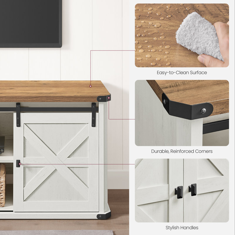 Cesilee TV Stand for TVs up to 75"  with 2 Sliding Barn Doors and Built-In Charging Station, White/Brown