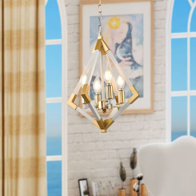 Lustre géométrique moderne, luminaire suspendu en métal blanc et doré avec chaîne ajustable, luminaire suspendu de style campagnard glam 4 lumières pour salle à manger, chambre à coucher, salon, îlot de cuisine, vestibule, îlot de cuisine, lustre de chambre à coucher, durable