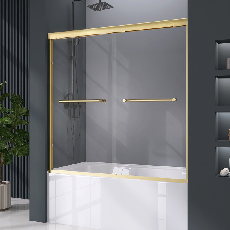 56" - 60" W X 58" H Double Sliding Semi-Frameless Tub Door With 1/4" Clear Tempered Glass, Brushed Gold