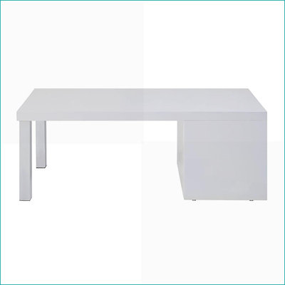 Table basse blanche ultrabrillante avec pieds chromés et rangement, peu encombrante pour le salon