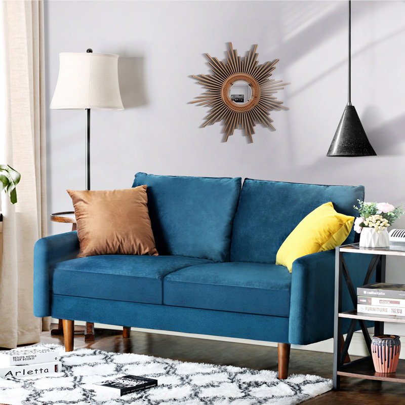Everly Quinn Hessville Sofa 56" Velvet Round Arm Loveseat, Prussian Blue Velvet