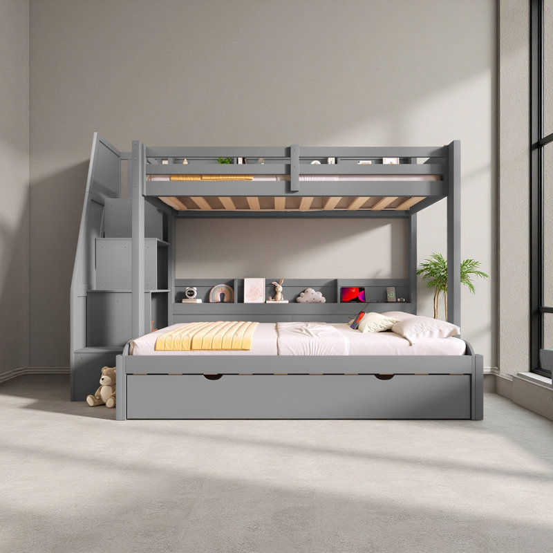 Twin Over Full Bunk Bed With Storage Staircase, Trundle, Storage Shelves, LED And USB, Gray