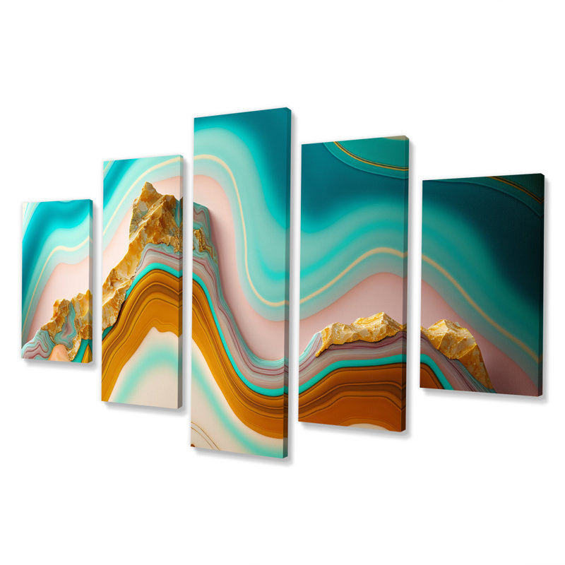 Liquide harmonie agate bleue dorée - formes murales abstraites - 5 panneaux