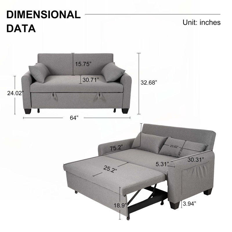 60'' Pull Out Sofa Bed,3 in 1 Sleeper Sofa Couch with Pullout Bed, Convertible Futon Loveseat with Side Pockets and Lumbar Pillows for Living Room, Apartment  