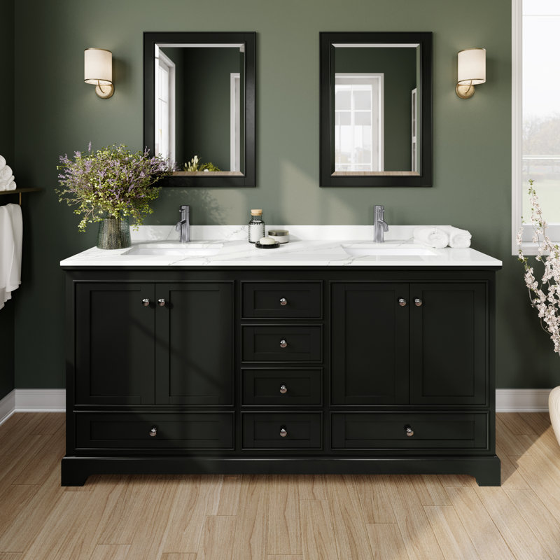 Ensemble de meuble-lavabo double autoportant Deborah avec plateau en quartz et miroir, Giotto Quartz, Monotrou