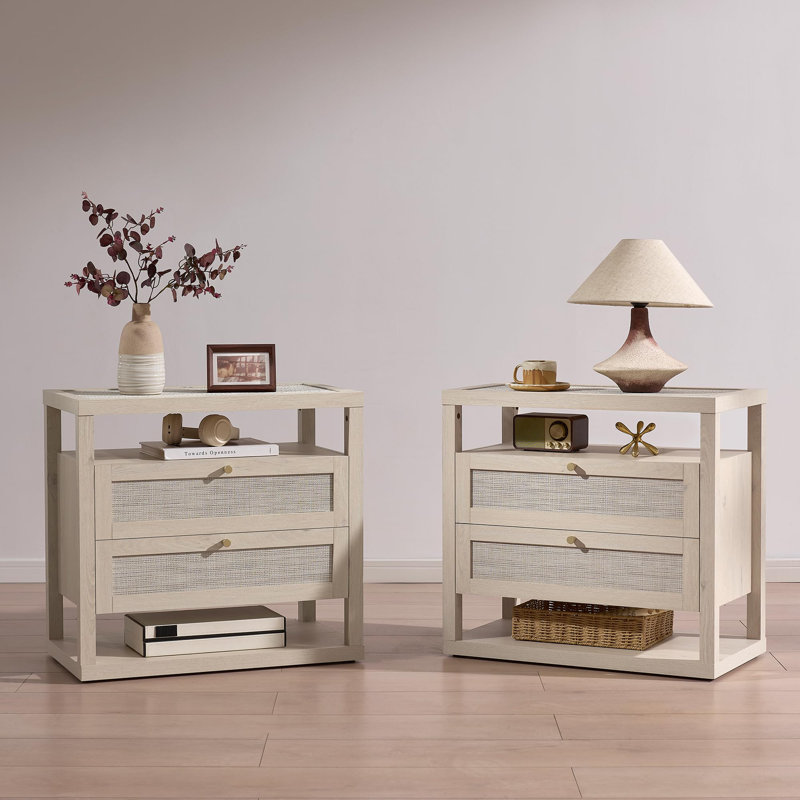 Ensemble de 2 grandes tables de chevet en rotin de chêne clair Boho, ensemble de 2 grandes tables de chevet avec tablettes ouvertes