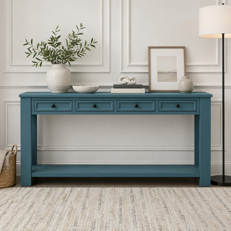 Console 63 pouces avec quatre tiroirs et tablette inférieure, Dark Blue