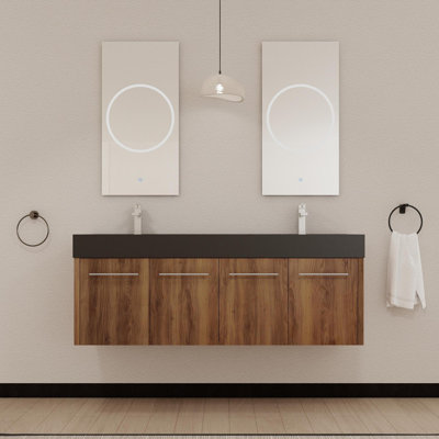 Meuble-lavabo mural 60 po avec lavabo, lavabo en résine noire à double rebord épais, ensemble KD