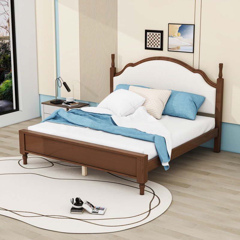 Lit plateforme en bois avec tête de lit tapissier courbée, Brown/Beige, Très grand lit