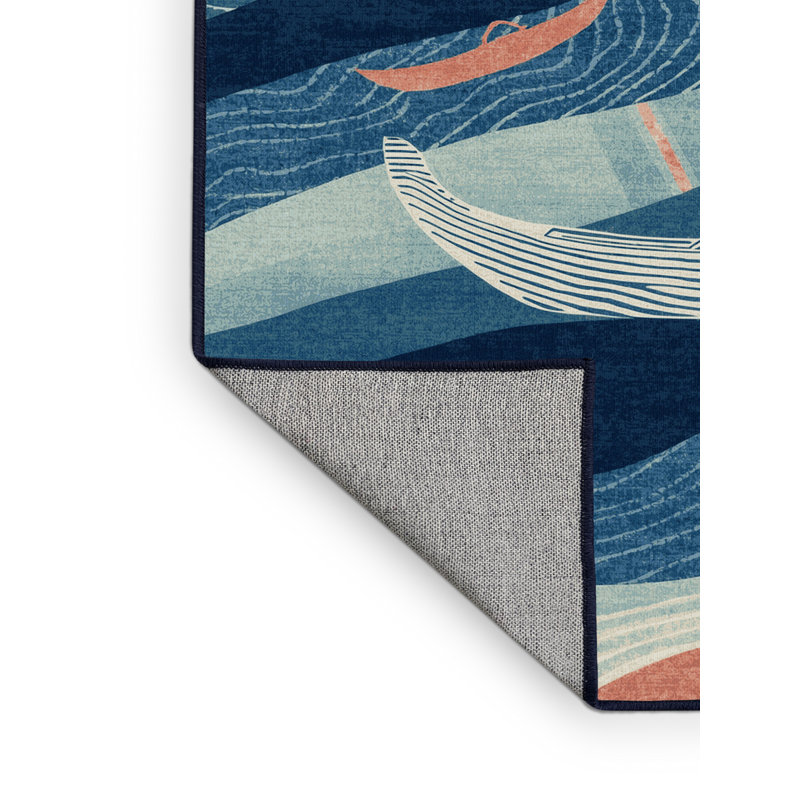 Machine Washable Mendon Dragon Boat Festival Modern & Contemporary Striped Rug in Blue – Navy Binding, 2x4