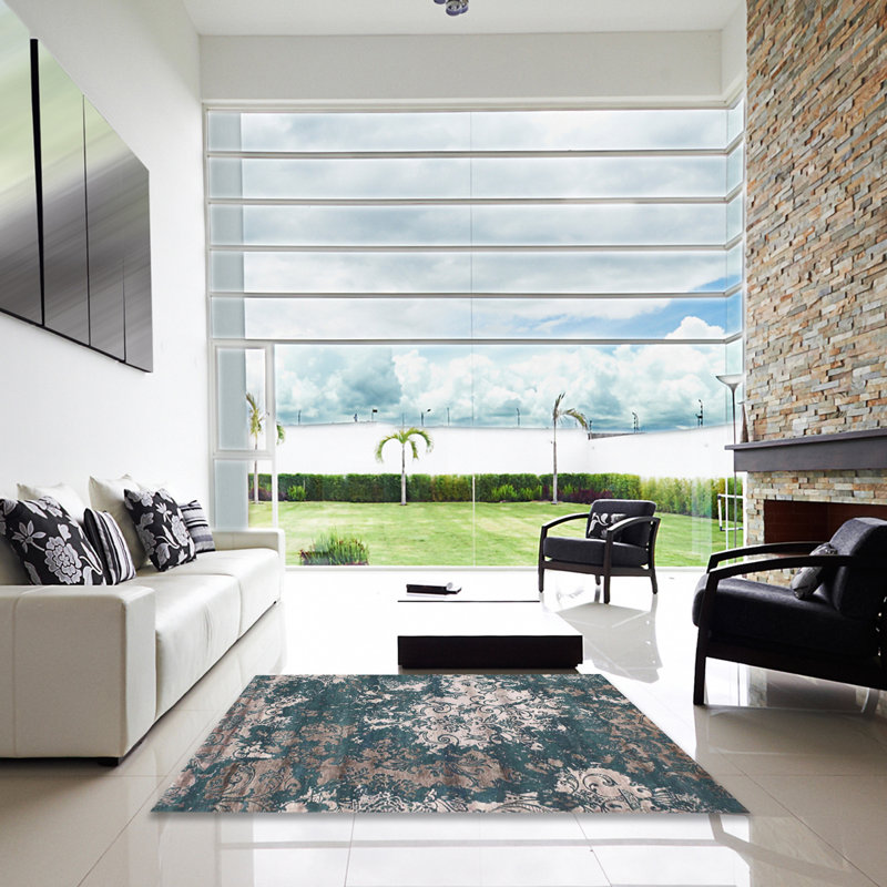 Tapis bleu foncé/brun contemporain, Carré 5 pi
