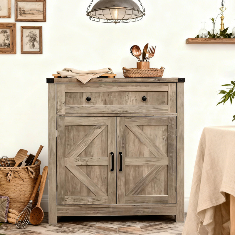 Buffet à porte de grange avec tiroir - Bois gris délavé, convenant à la cuisine, à la salle de bain, au balcon, à la salle à manger et au vestibule, armoire de rangement en argent avec porte en bois de grange classique, un tiroir, deux portes,