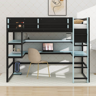 Lit mezzanine de jeu avec lumière DEL RVB, cadre de lit en bois avec bureau, tablettes à deux niveaux et support de rangement latéral