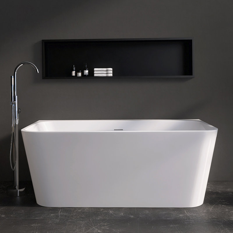 Tidal 59" Back to Wall Acrylic Bathtub Deep Soaking Tub with Overflow