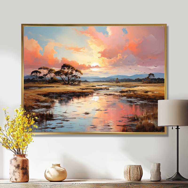 Art mural rose, coucher de soleil sur les marais, H 34 po x l 44 po, Cadre doré flottant, bois massif