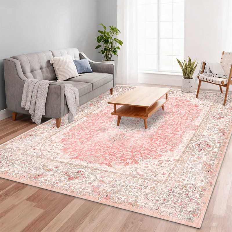 Pink Vintage Rug Machine-Washable Rug Soft Floral Rug, Rectangle 6' x 9'