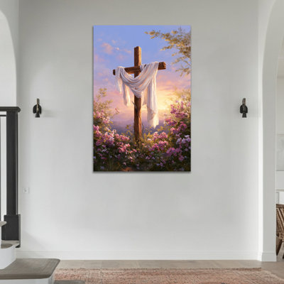  Religious Spring Canvas Artwork - Easter Easter Pictures Wall Decor Featuring Floral Sunrise and Wooden Cross for Living Room Wrapped Pine Frame, 24×32 inches
