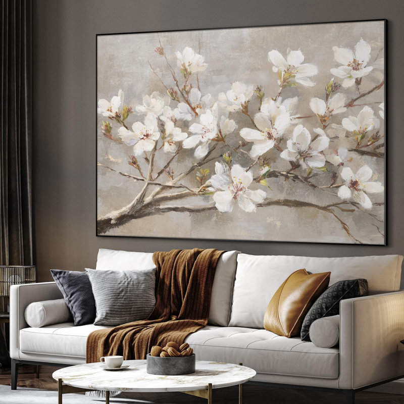 Très grande reproduction d'art sur toile - Branche de cerisier blanc - Illustration florale élégante pour le salon ou la chambre à coucher - «Assemblage requis du cadre (cadre non fini)»