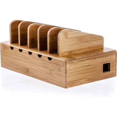 Wooden Charging Station Organizer, 5-Port Base for Phones, Tablets and Laptops, Multi-Device Docking Station with Removable Divider Slots, Cord Box with Cable Management