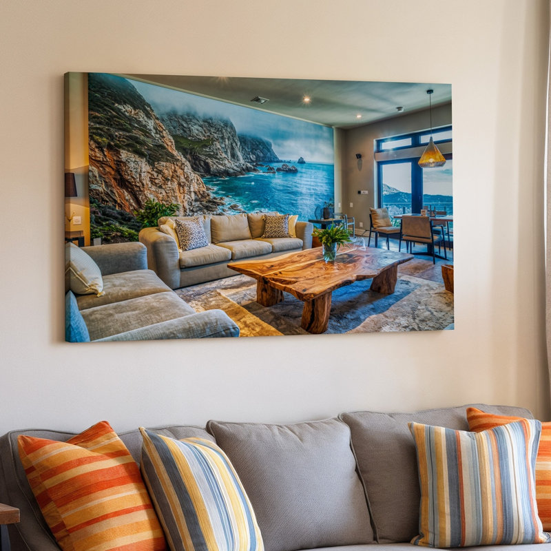 Toile, un salon moderne avec une grande murale de brume, art mural, falaises surplombant une mer tranquille baignée d'une douce lumière diffuse