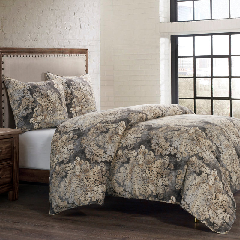 Victoria Gray Cotton Queen Damask Comforter Set