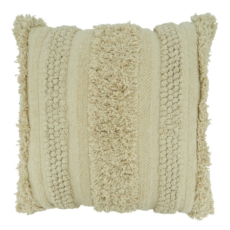 Max Collection Fringed Cotton Throw Pillow, Beige