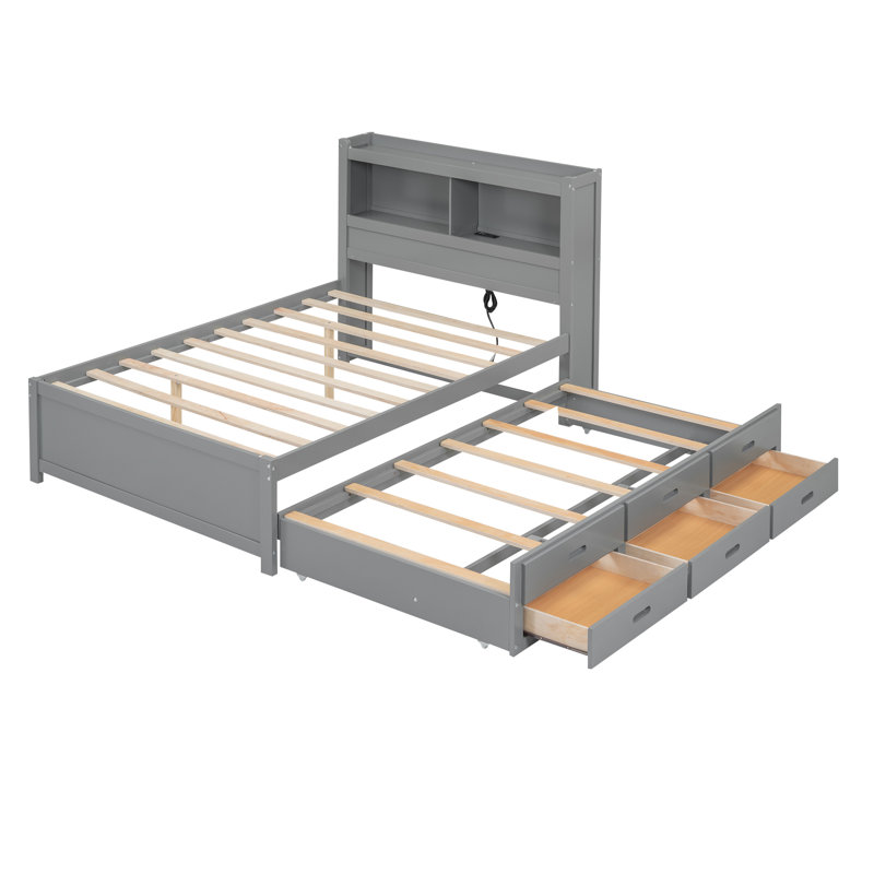 lit plateforme avec lit gigogne, tiroirs et prises USB, Gris