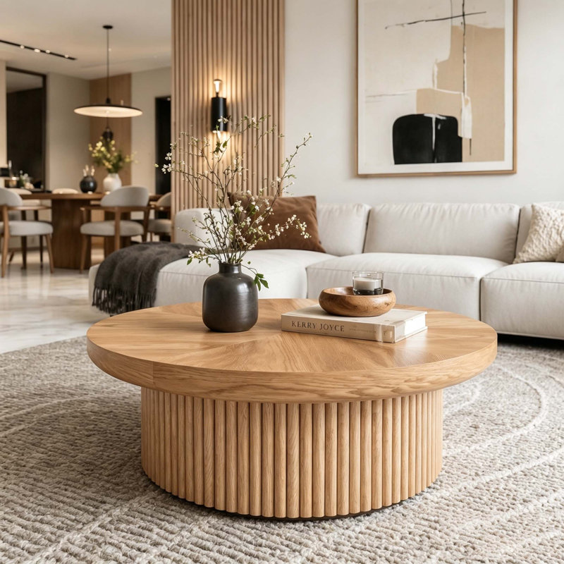 Table basse 33,5 "ronde cannelée avec plateau en bois véritable et base cylindrique, Natural Wood