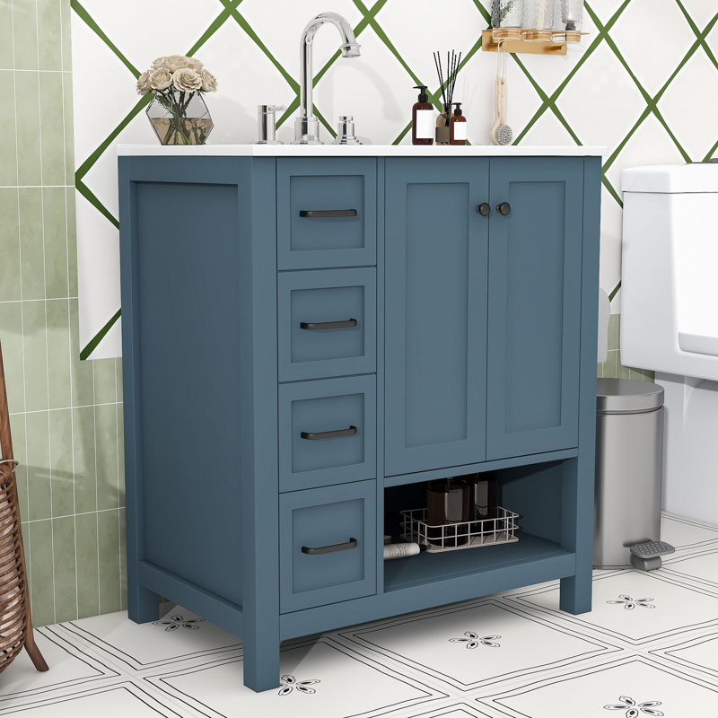 Meuble-lavabo autoportant élégant avec lavabo en céramique et beaucoup de rangement, Bleu gris