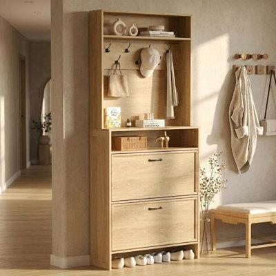 Armoire à chaussures 2 en 1 avec 2 tiroirs rabattables, tablette réglable, 7 crochets et ensemble anti-basculement, rangement pour chaussures de vestibule étroit