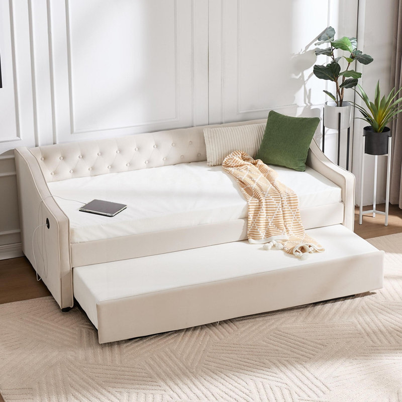 Lit de jour simple rembourré avec couchette, Beige